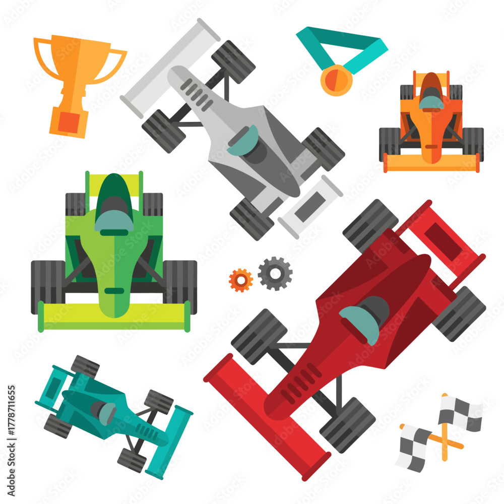 Obraz premium Colorful flat lay of racing cars and trophies on a white background