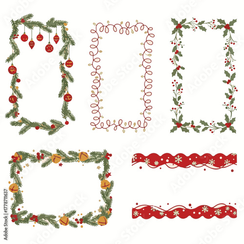 Doodle Hand Drawn Ink Christmas Frames Set Minimalist Line Art Borders with Tree Snowflakes Ribbon Lights Garland for Holiday Poster Invitation Greeting Card Vector Illustration