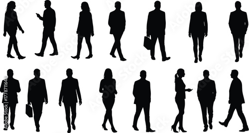 Business people silhouettes in professional poses, corporate teamwork illustration, office attire figures, leadership concept, workplace diversity, modern company design vector