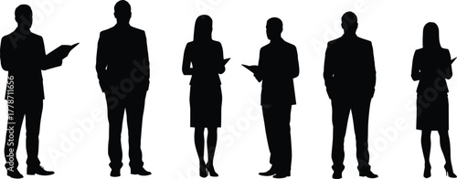 Business people silhouettes standing in row, professional teamwork illustration, corporate group design, office attire, leadership concept, workplace diversity, modern company