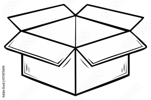 Simple line art illustration of an empty open cardboard box for shipping or moving