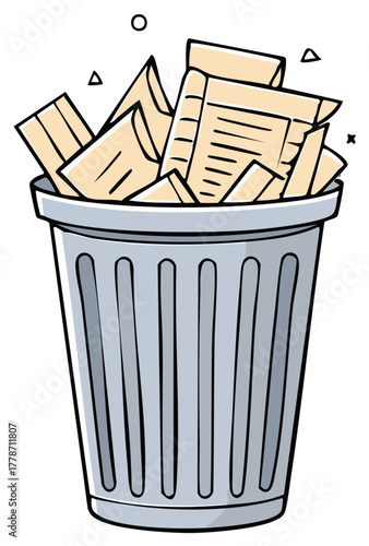 Cartoon trash can full of documents and papers