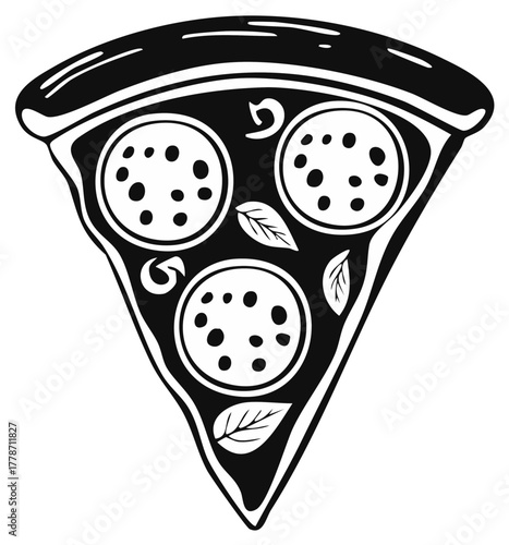 Isolated pepperoni pizza slice illustration with basil leaves in a modern vector line art style.