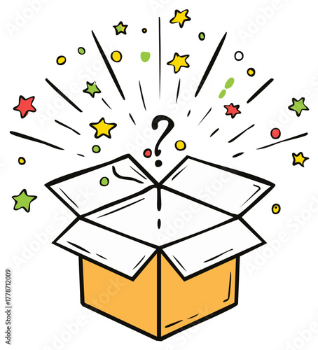 Doodle style open cardboard box with a question mark emerging among colorful bursting stars and confetti