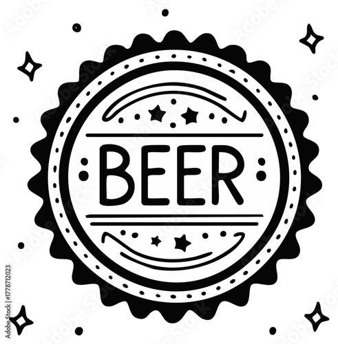 Illustrated beer bottle cap in black and white with stars, dots, and decorative design.