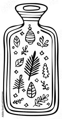 Hand-drawn hot water bottle with winter and Christmas doodle pattern line art