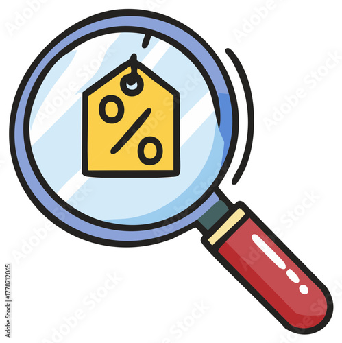Magnifying glass reveals percentage tag, a search for discounts and price reductions cartoon style