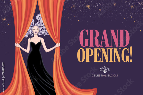 A mesmerizing illustration presenting a graceful figure in a stylish gown, merging with a flowing backdrop, highlighting the excitement and sophistication of a cosmetics grand opening.