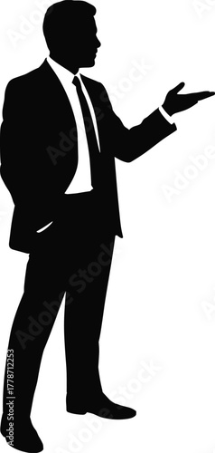 Businessman silhouette, professional corporate figure, confident man in suit, leadership concept artwork, public speaking design, business presentation illustration, formal attire