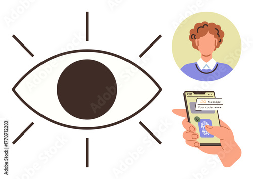 Large eye symbol for observation, user profile portrait, and hand holding smartphone with biometric scan. Ideal for privacy, surveillance, technology, security, identity, authentication simple flat