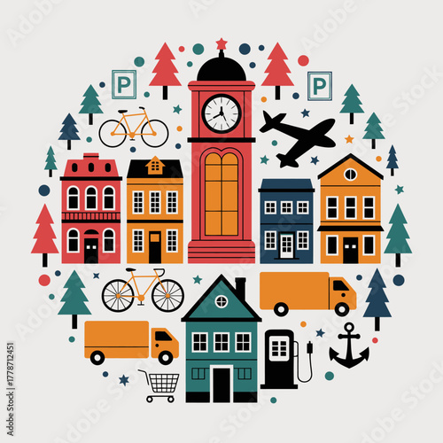 This illustration captures a charming community centered around a clock tower, highlighting the integration of nature, homes, and everyday transportation.