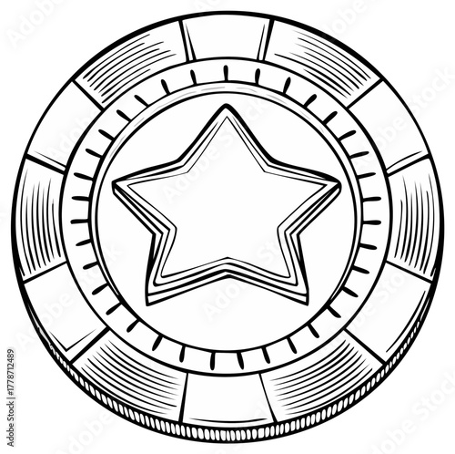 Black and white line art illustration of a casino poker chip with a star symbol