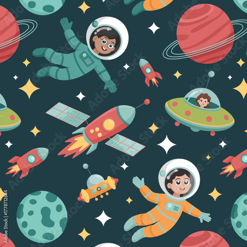 This vibrant illustration depicts children in space suits exploring a colorful galaxy filled with rockets, planets, and whimsical spacecraft, capturing a sense of adventure.