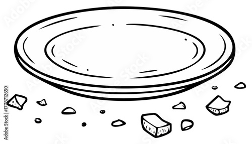 Cartoon Ceramic Dish with Broken Fragments, Tableware Destruction and Kitchenware Waste, Black and White Outlines