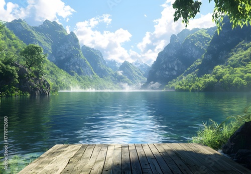 Photo of a peaceful river with green mountains and wooden platform in the foreground