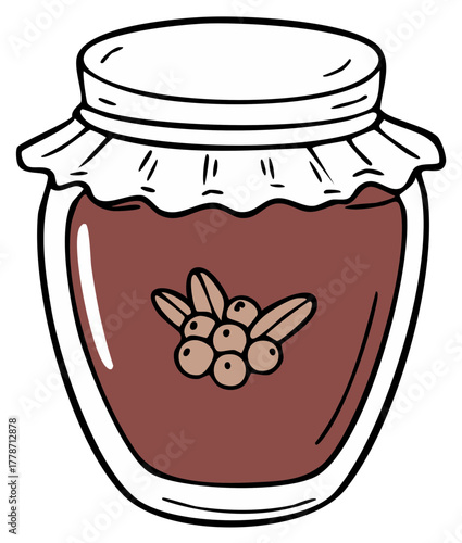 Glass jar of homemade berry jam with a rustic paper cover cartoon illustration