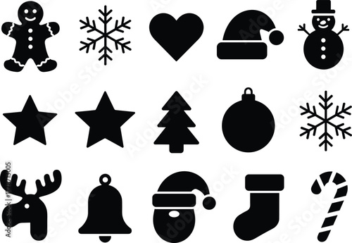 Christmas icon collection, festive holiday silhouette set, winter decoration artwork, seasonal design template, decorative Christmas symbols, holiday illustration pack