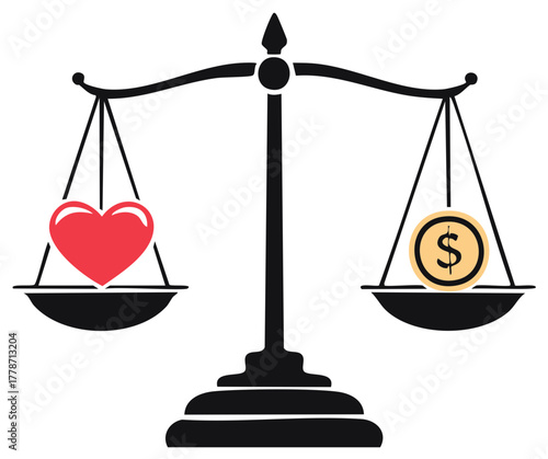Symbolic Balance Featuring a Heart and a Dollar Coin, Highlighting Contrasting Values on Weighing Scales