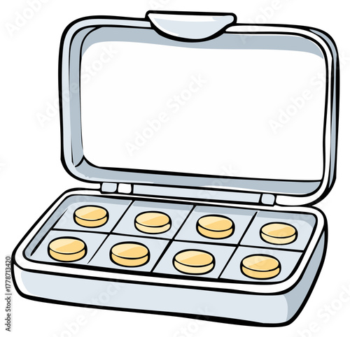 Cartoon illustration of an open daily pill organizer case with yellow tablets in separate compartments