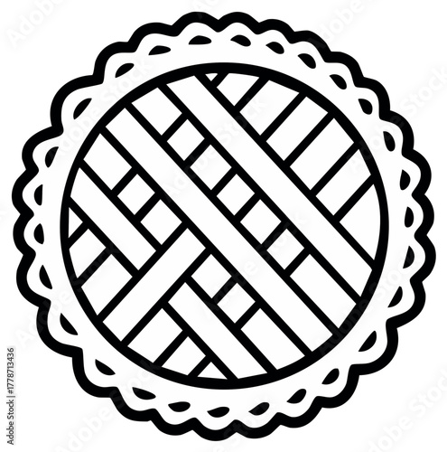 Black and white lattice pie icon with decorative crimped crust bakery dessert illustration