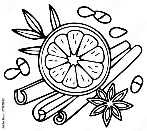 Aromatic Holiday Spices Line Art Illustration with Orange Slice, Cinnamon Sticks, Star Anise, and Cloves