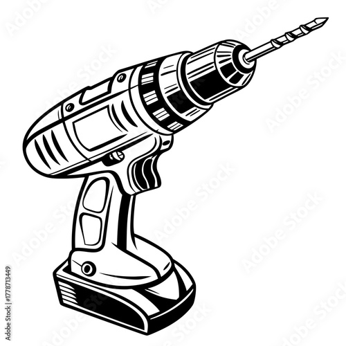 Stylized white cordless drill on black background