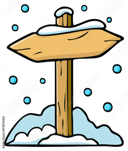 Cartoon Wooden Directional Sign in Snowy Winter Scene with Falling Flakes