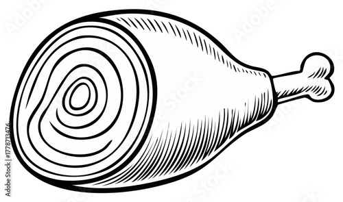 Engraved Style Ham Hock Illustration, Appetizing Pork Shank Outline, Butchery Cut Design, Culinary Drawing, Traditional Meat Item