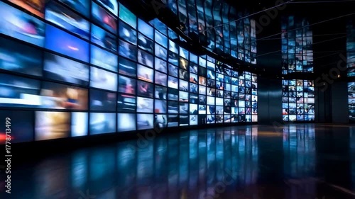 Endless corridor of glowing screens and media walls creates a futuristic archive, symbolizing big data, algorithmic curation, and the overwhelming abundance of connected content.