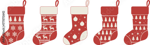 Christmas stocking collection, festive holiday socks, decorative winter design, patterned stocking artwork, seasonal illustration, holiday decoration template, Christmas festive icon