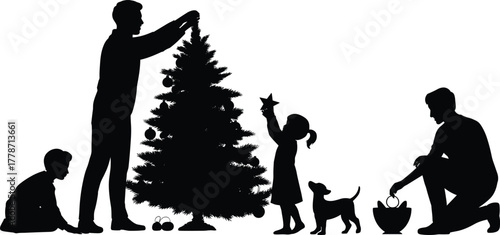 Christmas, tree, family, silhouette, holiday, festive, decoration, children, parents, dog, togetherness, celebration, tradition, lifestyle, design, illustration, art, concept, winter