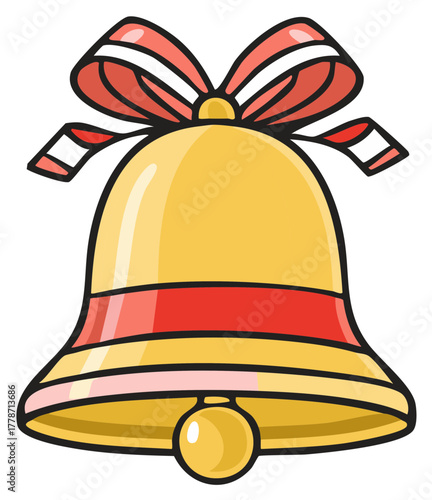 Festive gold jingle bell illustration with a red ribbon bow for the holiday season and Christmas