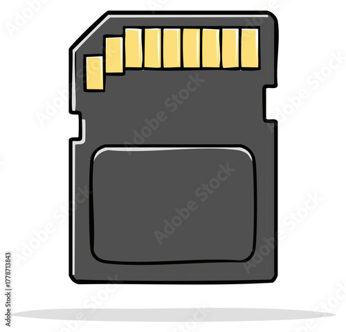 Illustration of a gray SD memory card used in digital cameras and phones to store photos and data files