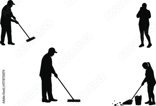 Cleaning worker silhouettes sweeping and working, janitor vector design, hygiene maintenance illustration, occupational duties artwork, sanitation concept, workplace service graphic