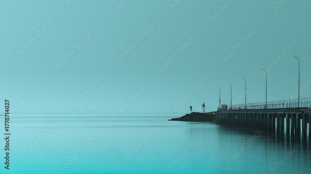 Obraz premium Long exposure photograph captures a pier stretching into calm, monochromatic teal water under an overcast sky