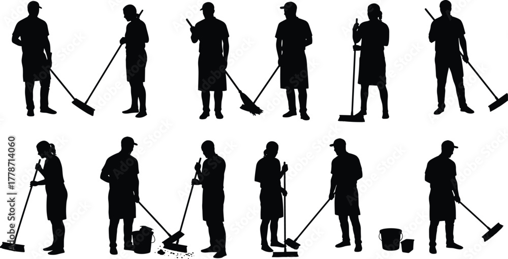 Obraz premium Cleaning worker silhouettes sweeping, mopping, and collecting trash, janitor vector design, hygiene maintenance illustration, sanitation concept, occupational duties artwork