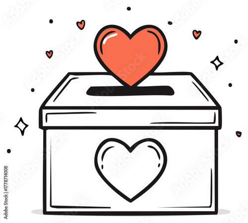 Hand-drawn heart donation box with surrounding hearts and sparkles
