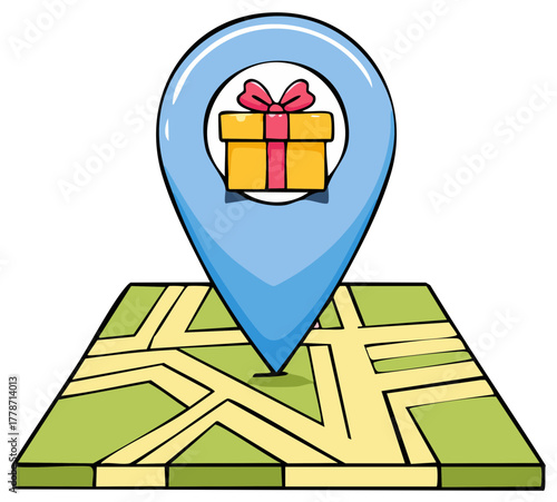 Gift location marker on stylized map with roads and paths marking a destination