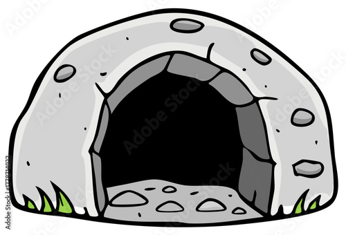 Cartoon illustration of a gray stone cave with a dark entrance