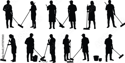 Cleaning worker silhouettes sweeping, mopping, and collecting trash, janitor vector design, hygiene maintenance illustration, sanitation concept, occupational duties artwork