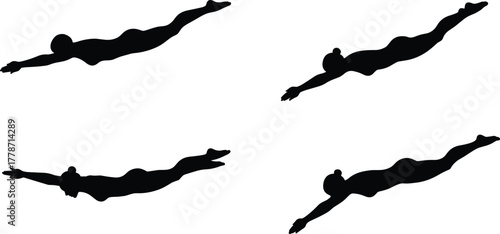 Diving athlete silhouettes in motion, swimming action poses, sports sequence illustration, athletic movement, fitness training, water sport concept, vector design