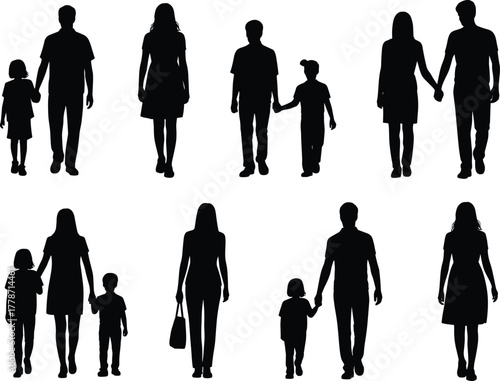 Family silhouette collection, parent child figures, lifestyle design artwork, demographic illustration, family unit icon, parenting concept, generational relationship graphic
