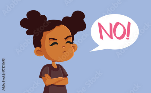 Stubborn Girl Saying No Vector Concept Illustration. Strong willed kid rejecting any negotiation tact 
