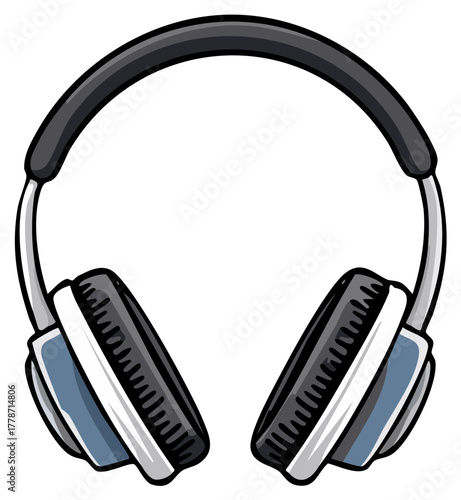 Headphones Illustration: Audio Equipment for Music Listening, Black and White Cartoon Style Over Ear Headset