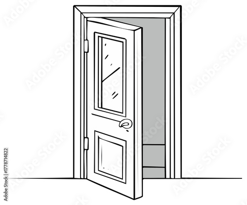 Outline drawing of a slightly ajar interior door with a window panel and doorknob revealing entry