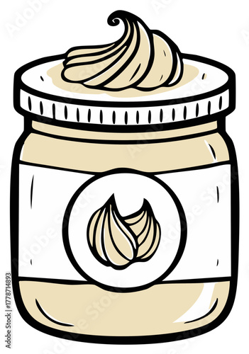 Jar of creamy mayonnaise with garlic illustration
