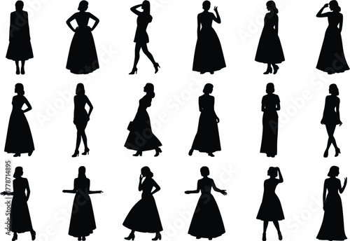 Female silhouette collection, fashion poses illustration, women figure artwork, stylish outfit design, model posture reference, lifestyle artwork, animation character template