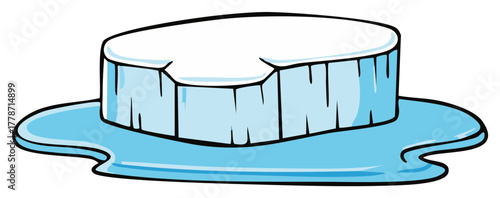 Cartoon illustration of a melting iceberg in the sea, depicting climate change