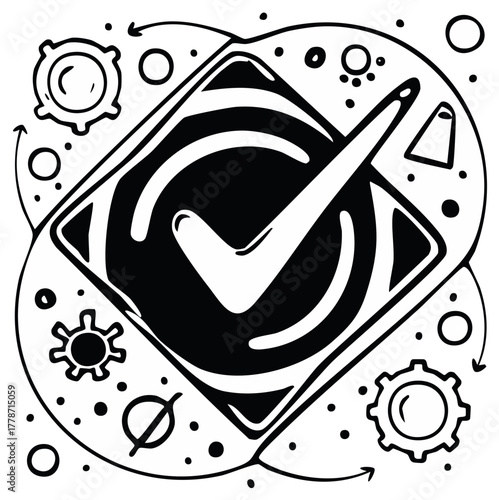 Hand drawn check mark with gears and arrows illustrating a successful workflow or verification process