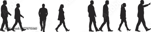 Group of people silhouettes walking in different directions, urban lifestyle poses, diverse human figures, social interaction, modern city crowd design